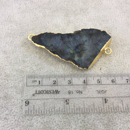 OOAK Gold Plated MATTE Natural Raw Iridescent Rainbow Labradorite Freeform Shaped Slice Connector - Measuring 34mm x 58mm, Approximately