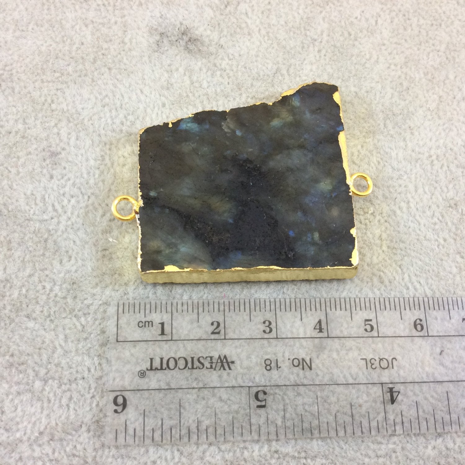 OOAK Gold Plated MATTE Natural Raw Iridescent Rainbow Labradorite Freeform Shaped Slice Connector - Measuring 42mm x 43mm, Approximately