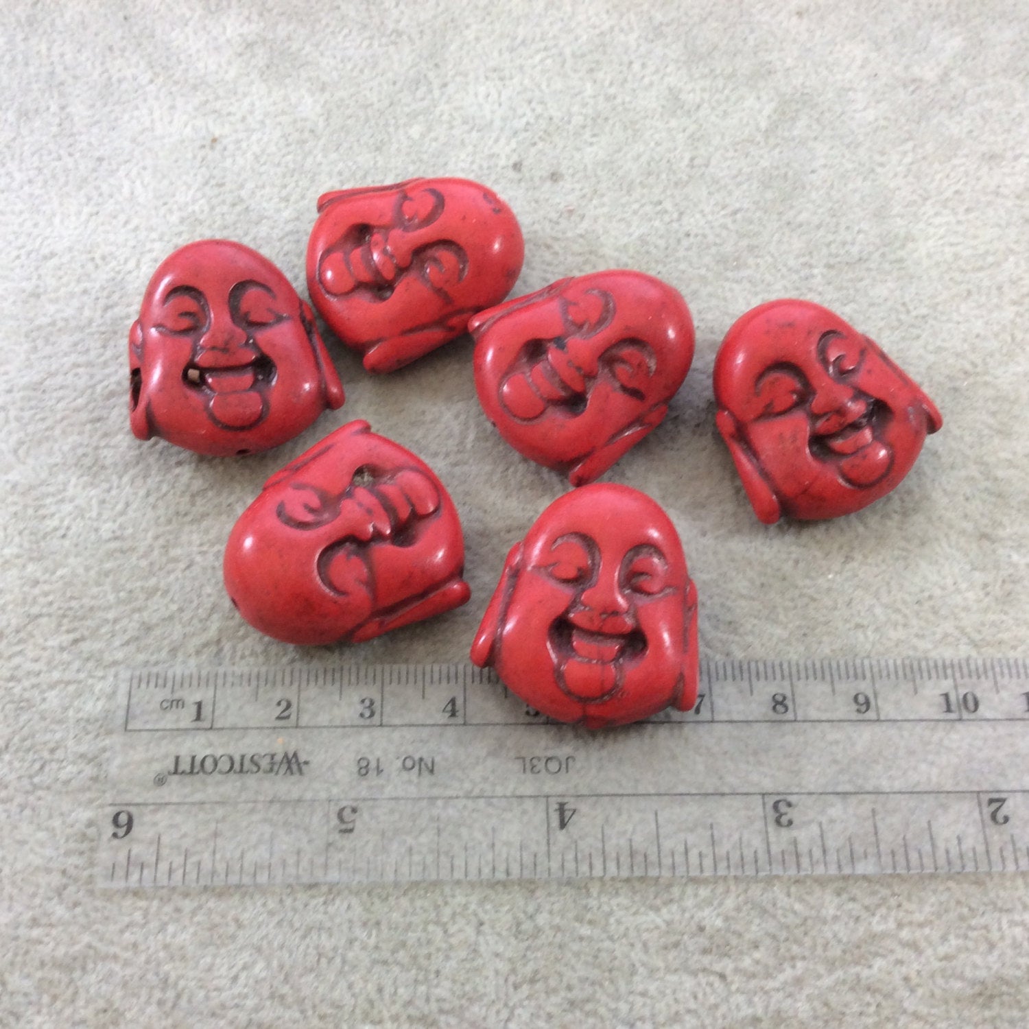 BULK PACK of 6 (Six) Bright Red Dyed Howlite Buddha Head/Face Shaped Beads with 1mm Holes - Measuring 28mm x 30mm, Approximatley