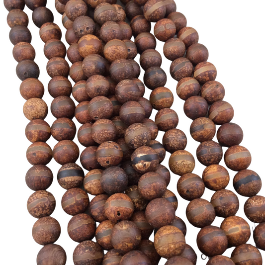 10mm Natural Brown Striped Design Round/Ball Shaped Tibetan Agate Beads - 15.5" Strand (Approximately 38 Beads) - Semi-Precious Gemstone