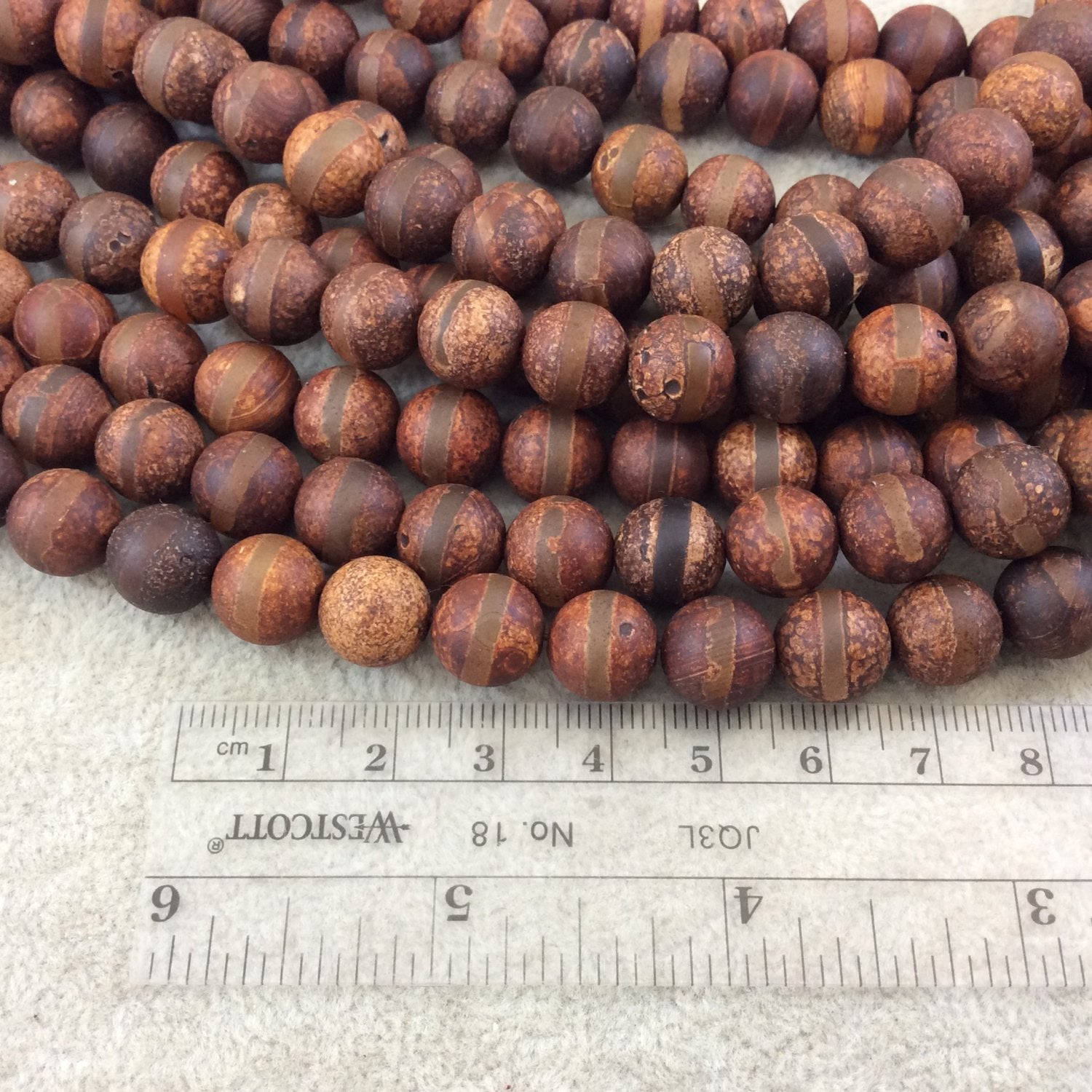 10mm Natural Brown Striped Design Round/Ball Shaped Tibetan Agate Beads - 15.5" Strand (Approximately 38 Beads) - Semi-Precious Gemstone