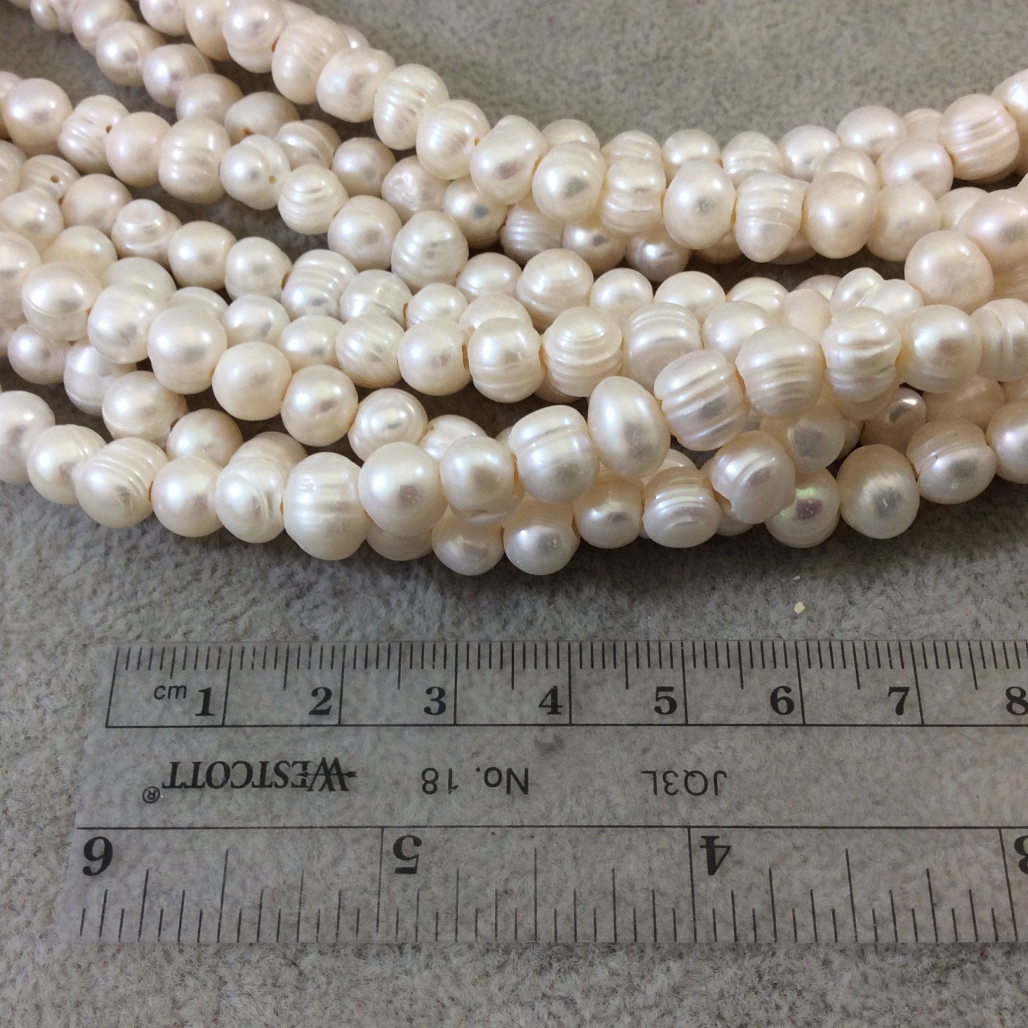 7-8mm AB Smooth Natural Off-White Freshwater Pearl Irregular Round/Ball Beads with 2mm Large Holes - Sold by 16" Strands (Approx. 59 Beads)