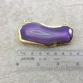 Large OOAK Gold Electroplated Dyed Purple/White Natural Banded Agate Slice Freeform Shaped Focal Pendant - Measuring 74mm x 34mm Approx.