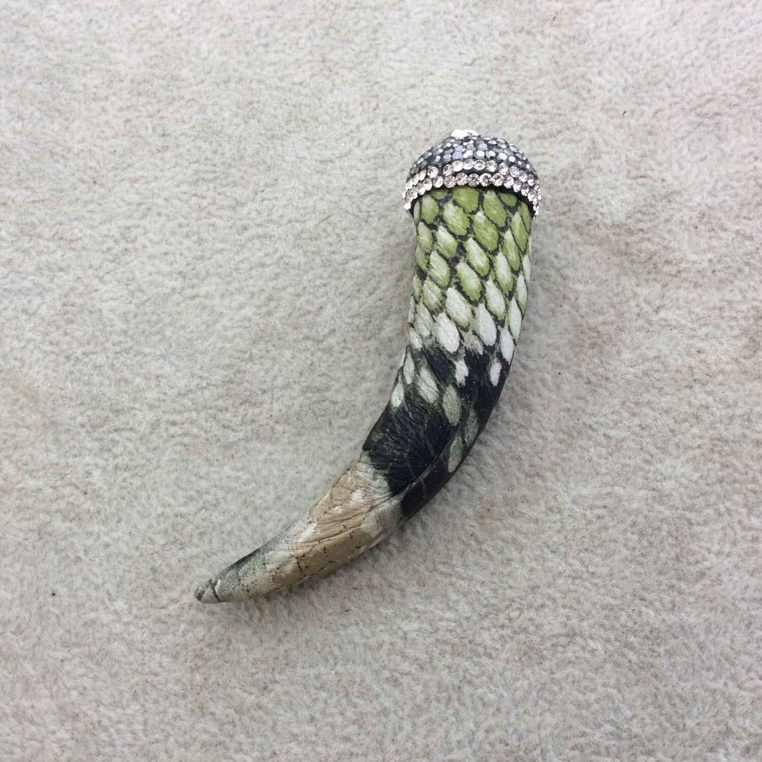 3" Pave Rhinestone Encrusted Sage Green Snakeskin Faux Leather Tusk/Claw Pendant with Silver Plated Bail - Measuring 20mm x 74mm, Approx.