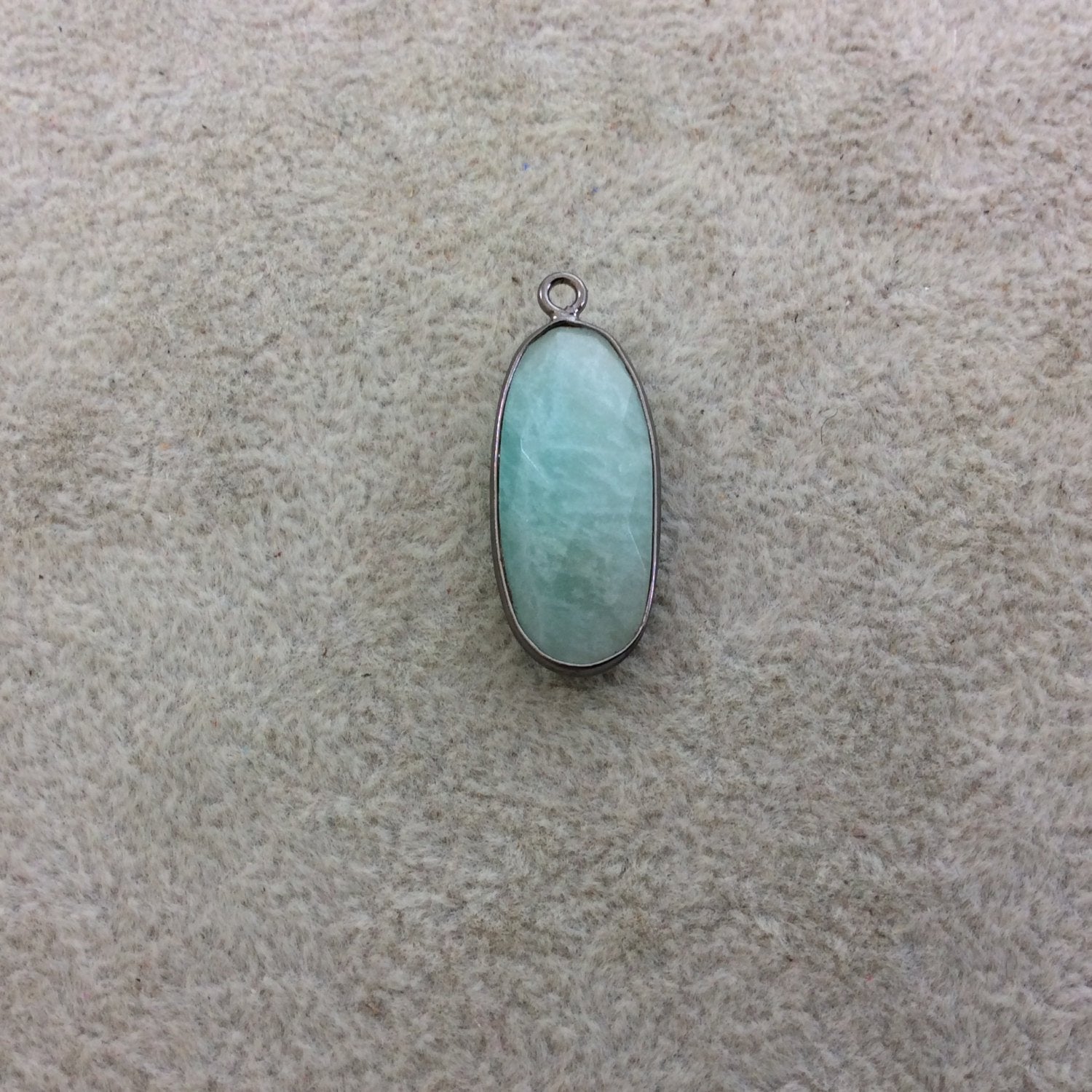 Gunmetal Plated Natural Amazonite Faceted Oblong Oval Shaped Copper Bezel Pendant - Measures 10mm x 25mm - Sold Individually, Random