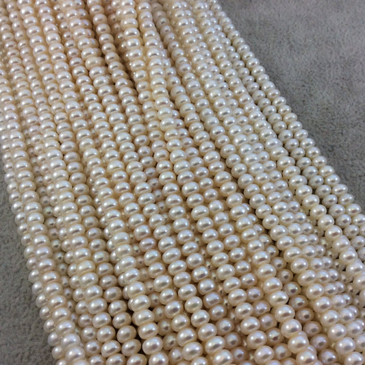 Smooth Natural White/Ivory Freshwater Pearl Rondelle Shaped Beads - Sold by 16" Strands (Approx. 111 Beads) - Measuring 3mm x 5mm. Approx.