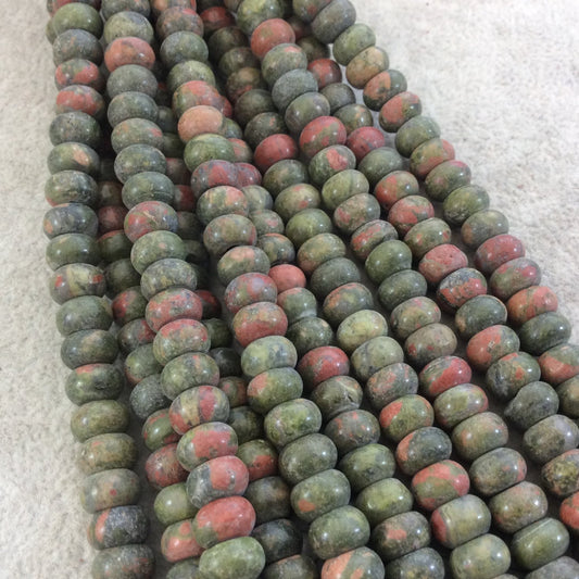 5mm x 8mm Glossy Finish Natural Green/Pink Unakite Rondelle Shaped Beads with 2.5mm Holes - 8" Strand (Approx. 39 Beads) - LARGE HOLE BEADS