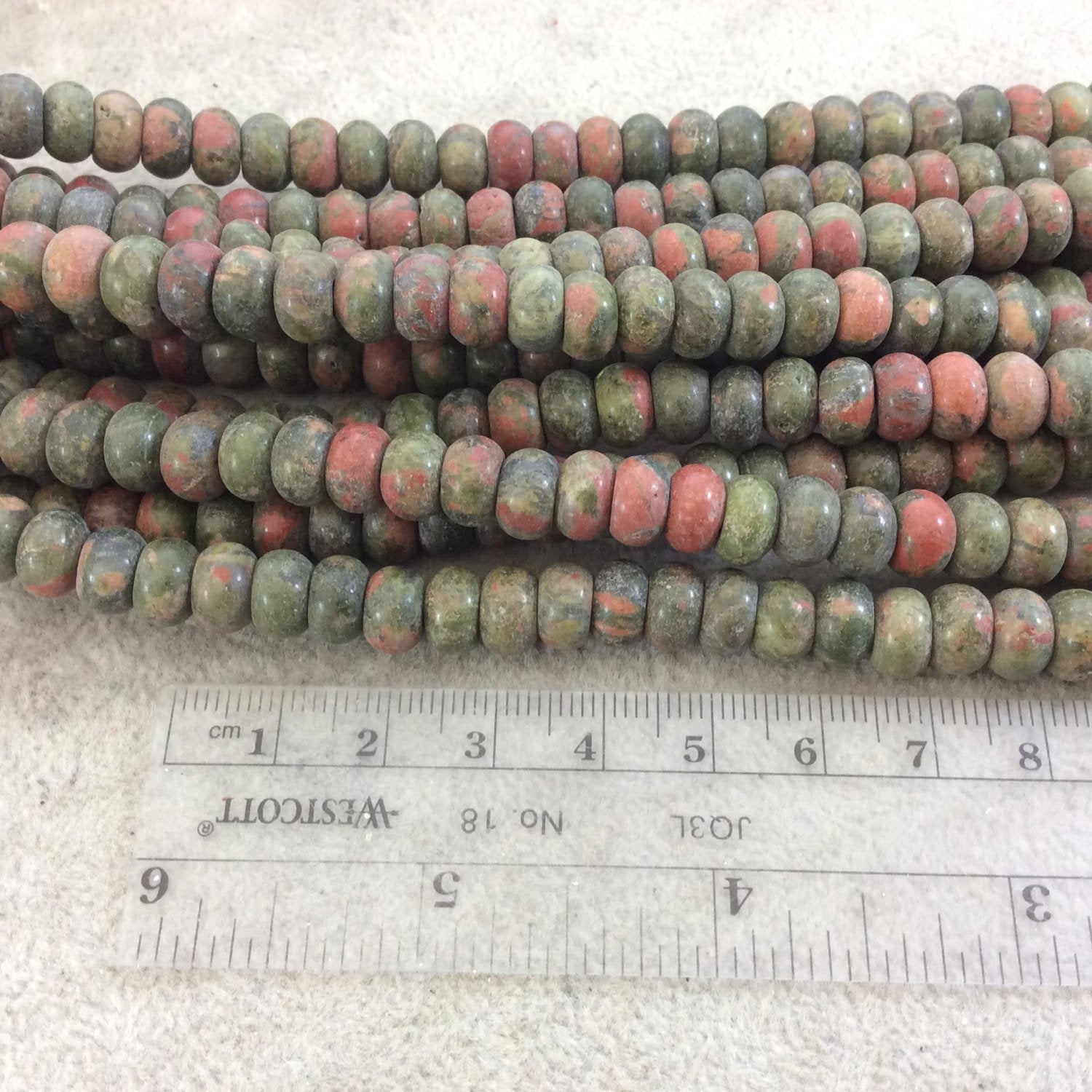 5mm x 8mm Glossy Finish Natural Green/Pink Unakite Rondelle Shaped Beads with 2.5mm Holes - 8" Strand (Approx. 39 Beads) - LARGE HOLE BEADS