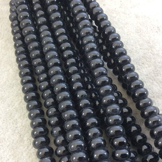 5mm x 8mm Glossy Finish Natural Jet Black Agate Rondelle Shaped Beads with 2mm Holes - 8" Strand (Approx. 39 Beads) - LARGE HOLE BEADS