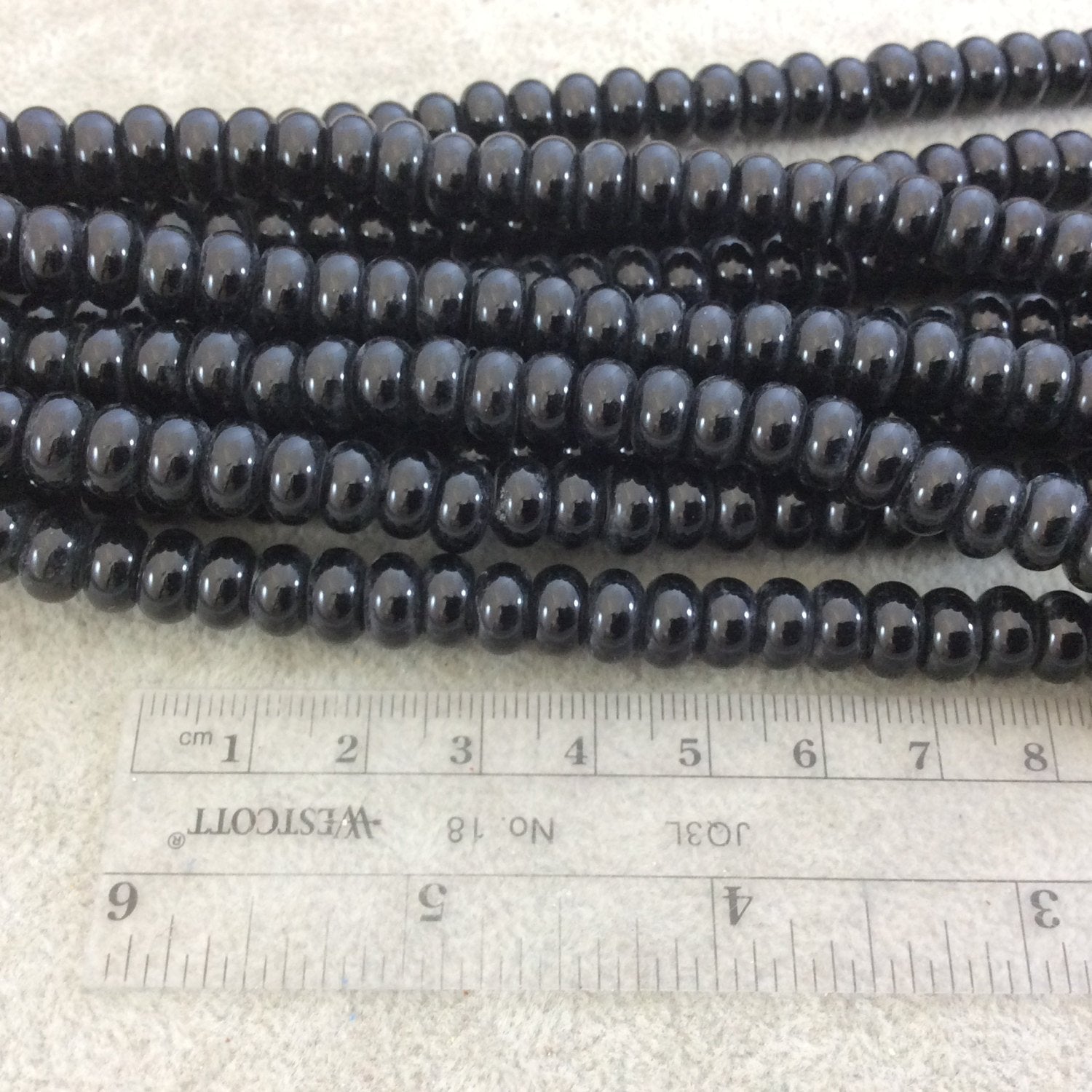 5mm x 8mm Glossy Finish Natural Jet Black Agate Rondelle Shaped Beads with 2mm Holes - 8" Strand (Approx. 39 Beads) - LARGE HOLE BEADS