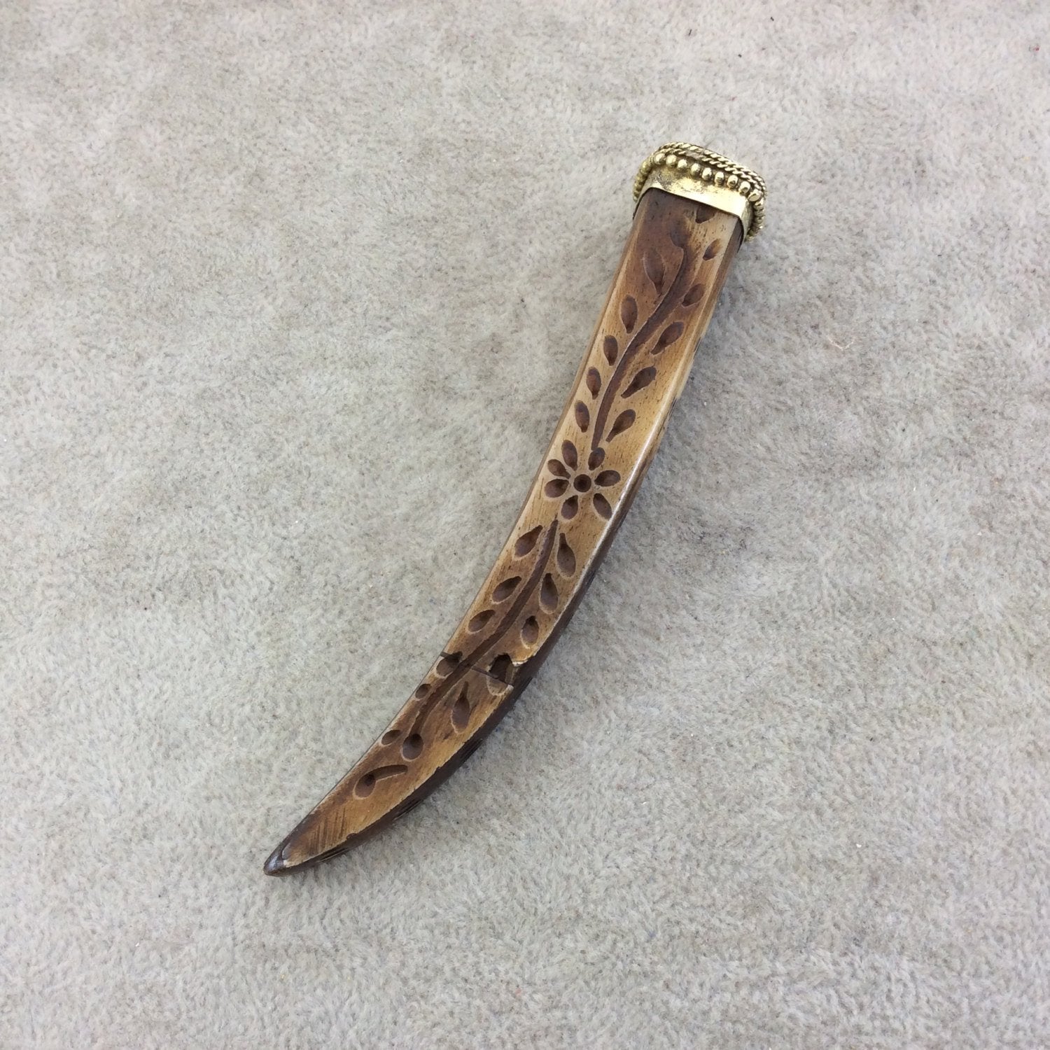 4.5" Brown Square Tusk/Claw Shaped Ox Bone Pendant with Carved Floral Vines and Dotted Gold Cap - Measuring 18 x 105mm - (TR052-BR)