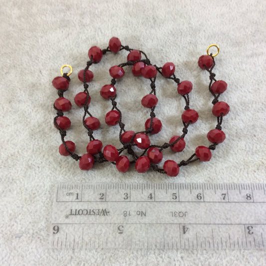 18" Dark Brown Thread Necklace Section with 8mm Faceted Glossy Finish Rondelle Shaped Opaque Garnet Red Chinese Crystal Beads - (18CC-70)