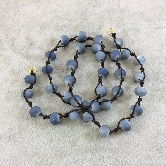 18" Dark Brown Thread Necklace Section with 8mm Faceted Matte Finish Rondelle Shaped Opaque Bicolor Denim Chinese Crystal Beads - (18CC-149)