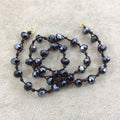 18" Dark Brown Thread Necklace Section with 8mm Faceted Metallic AB Finish Rondelle Shape Opaque Black Chinese Crystal Beads - (18CC-112)