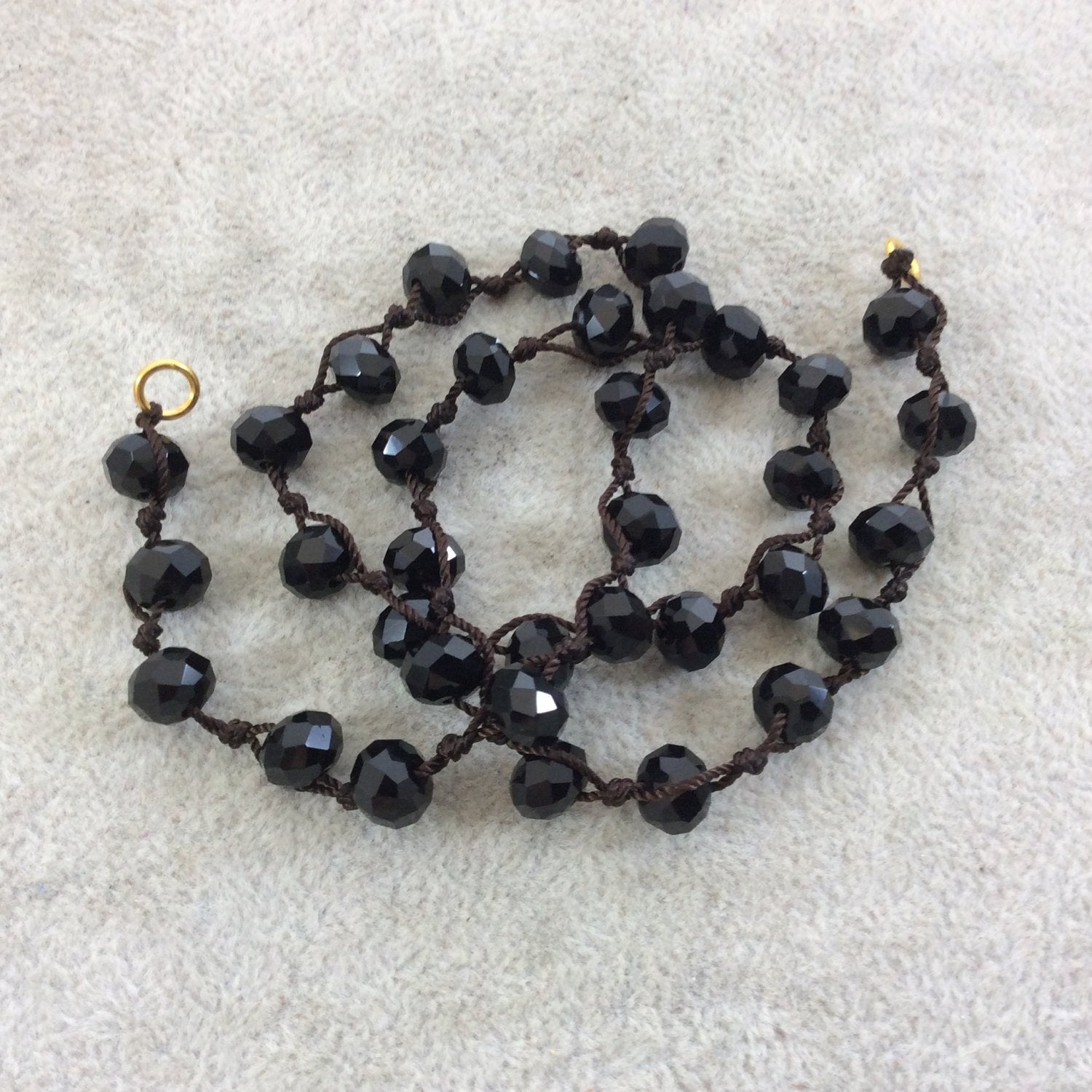 18" Dark Brown Thread Necklace Section with 8mm Faceted Glossy Finish Rondelle Shaped Opaque Jet Black Chinese Crystal Beads - (18CC-02)