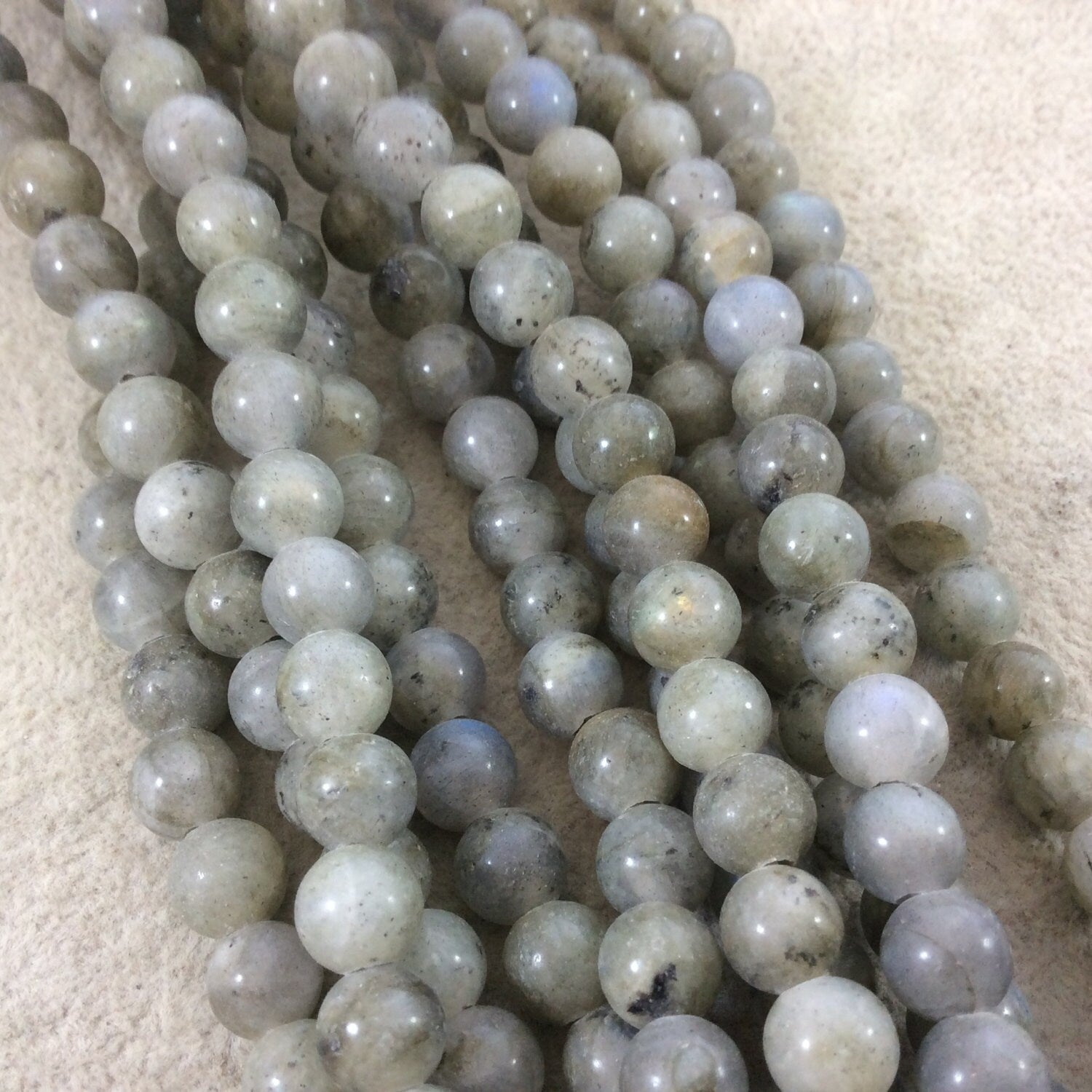 8mm Glossy Finish Natural Labradorite Round/Ball Shaped Beads with 1.5mm Holes - 8" Strand (Approx. 25 Beads) - LARGE HOLE BEADS