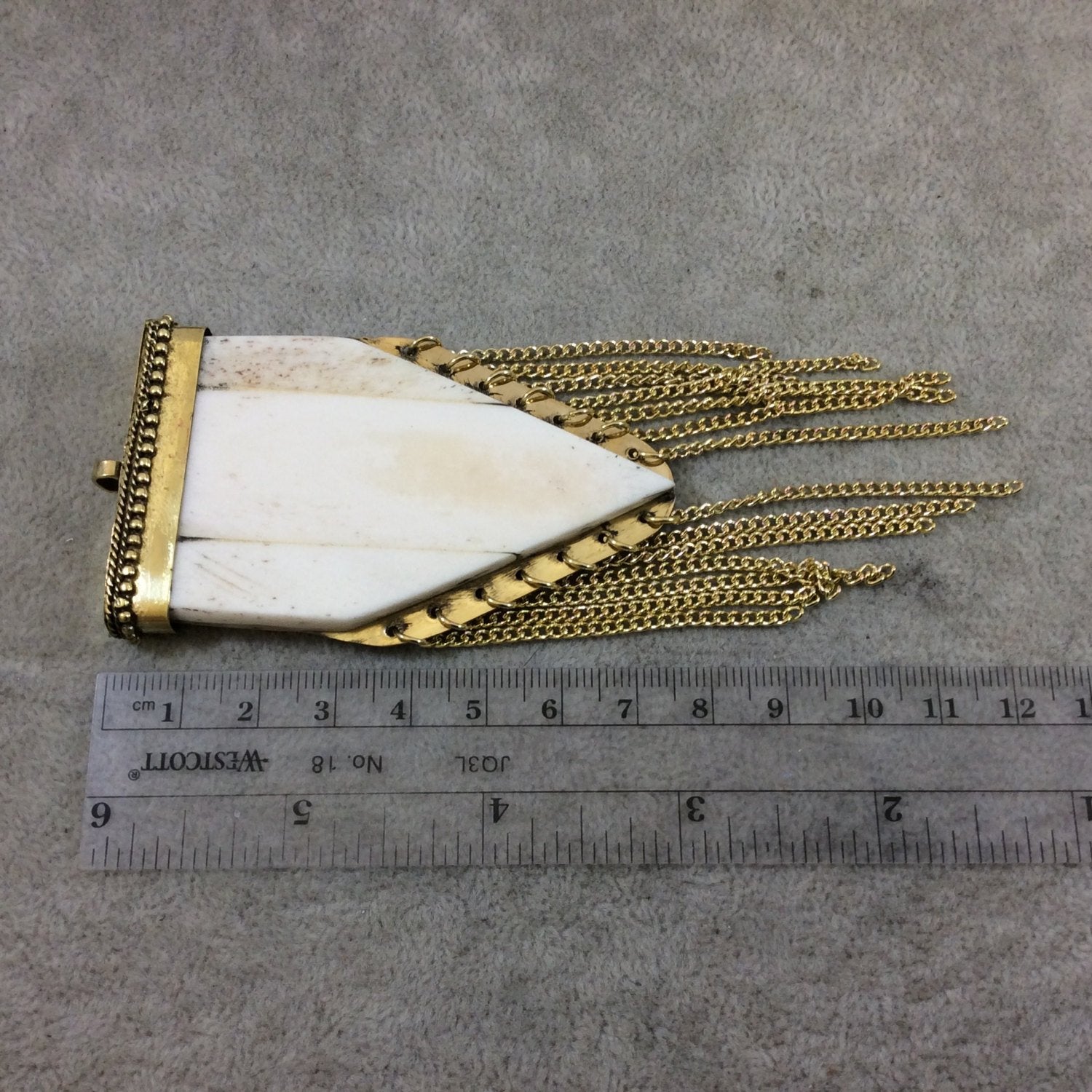 2.75" White/Ivory Flat Pointed Arrow Shaped Natural Bone Pendant with Gold Plated Cap/Chains - Measuring 45mm x 72mm, Approx.