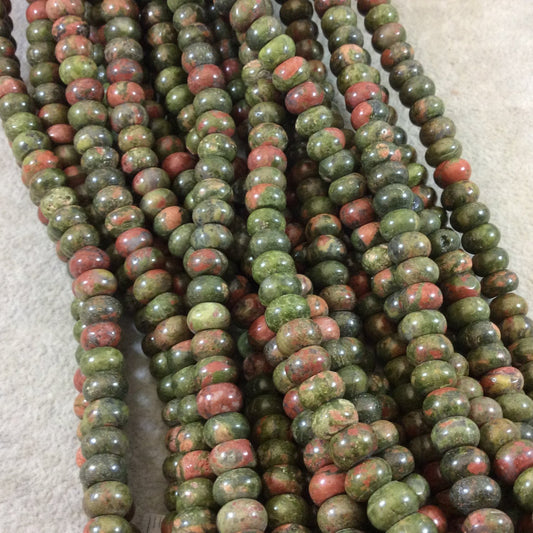 5mm x 8mm Smooth Finish Natural Green/Pink Unakite Rondelle Shaped Beads with 1mm Holes - Sold by 15.5" Strands (Approximately 80 Beads)