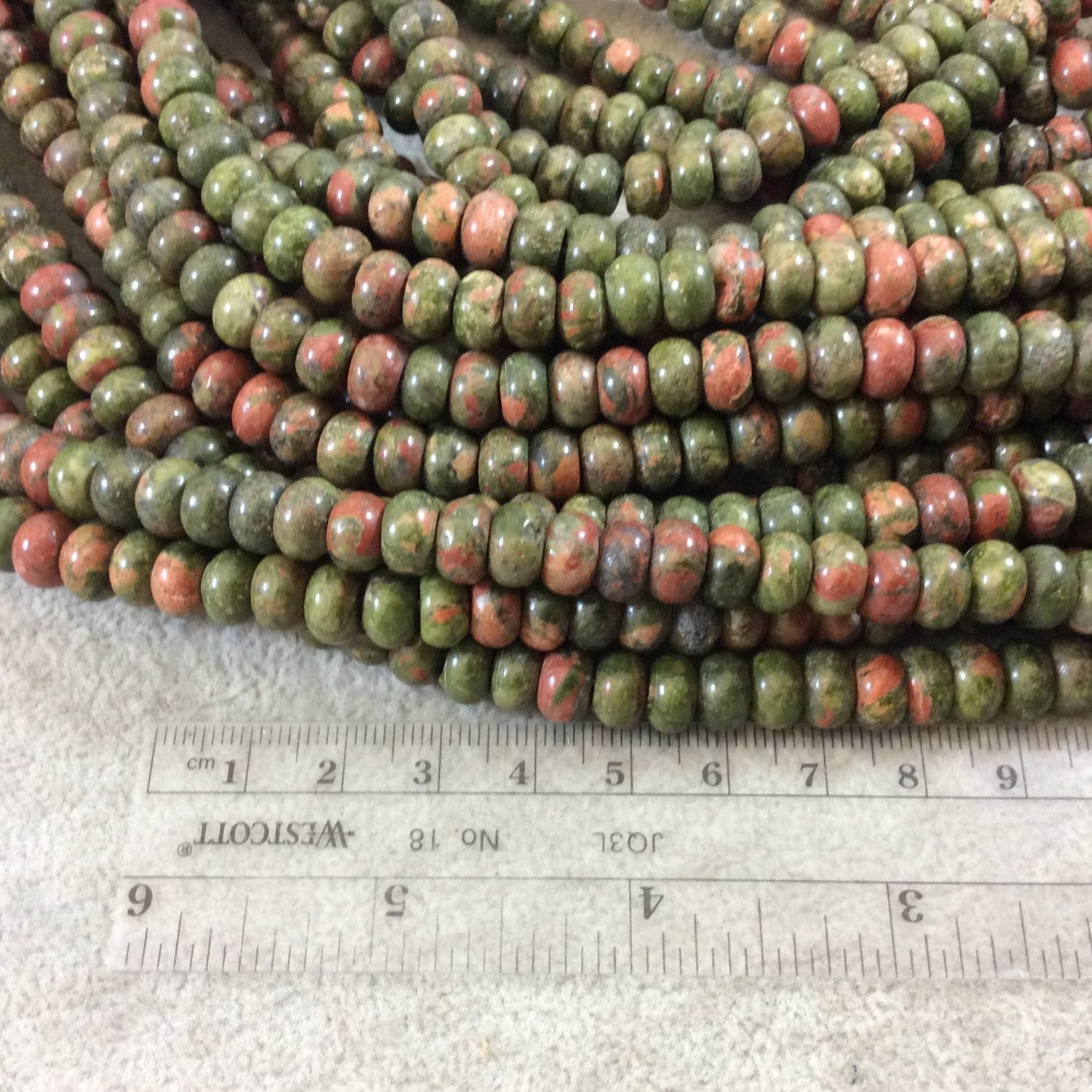 5mm x 8mm Smooth Finish Natural Green/Pink Unakite Rondelle Shaped Beads with 1mm Holes - Sold by 15.5" Strands (Approximately 80 Beads)