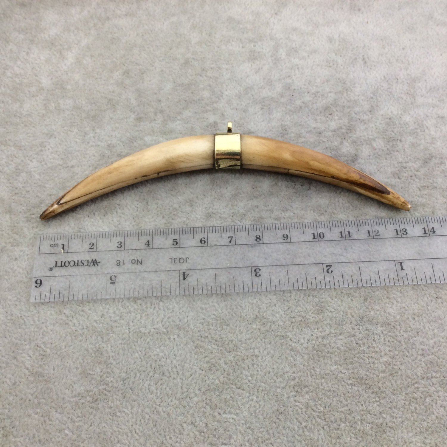 5" Light Brown Long Skinny Banana Tusk Shaped Natural Ox Bone Pendant with Plain Gold Plated Bail - Measuring 12 x 133mm - (TR117-LB)