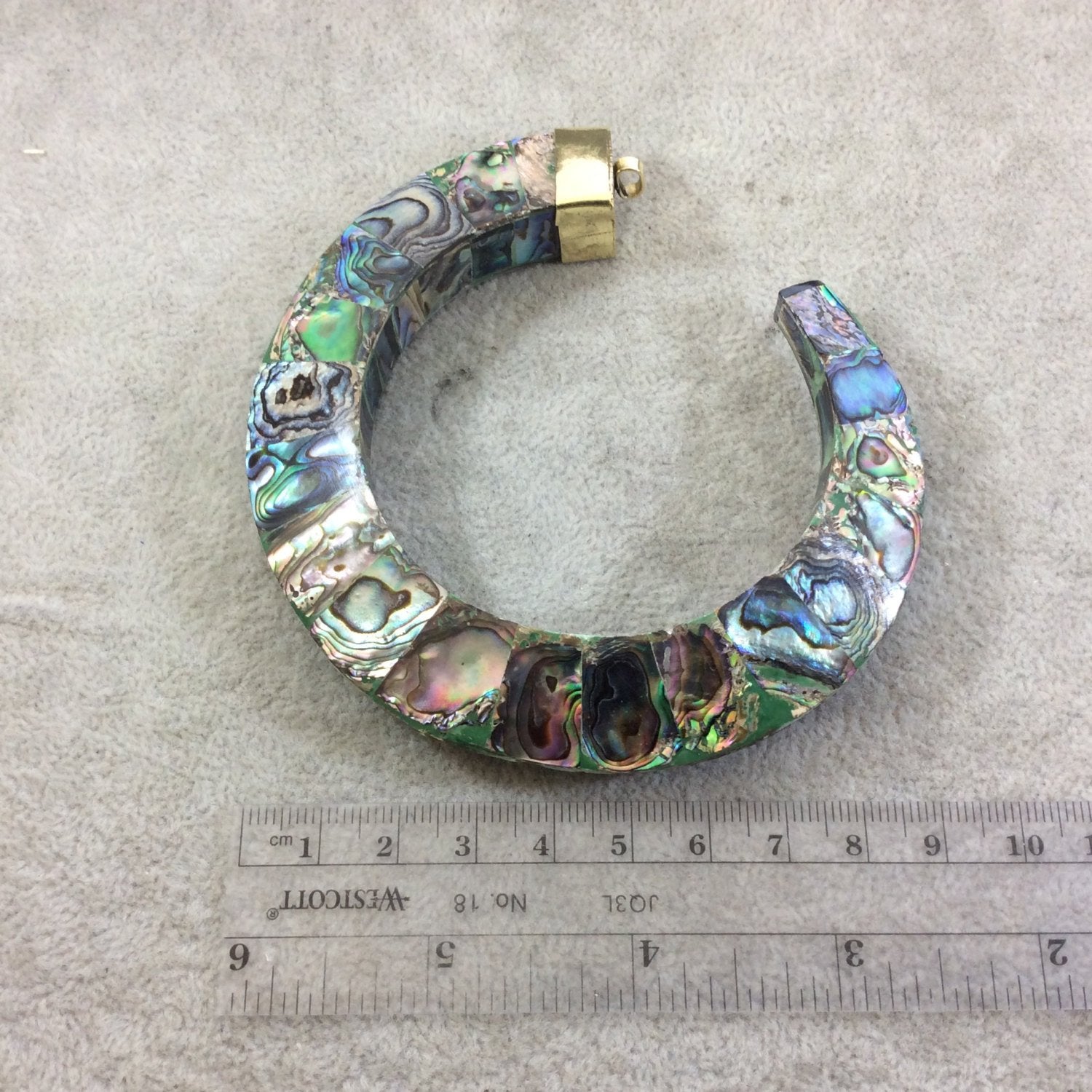 3.75" Rainbow Fishhook Crescent Shaped Natural Abalone Pendant with Plain Gold Plated Bail - Measuring 94mm x 100mm