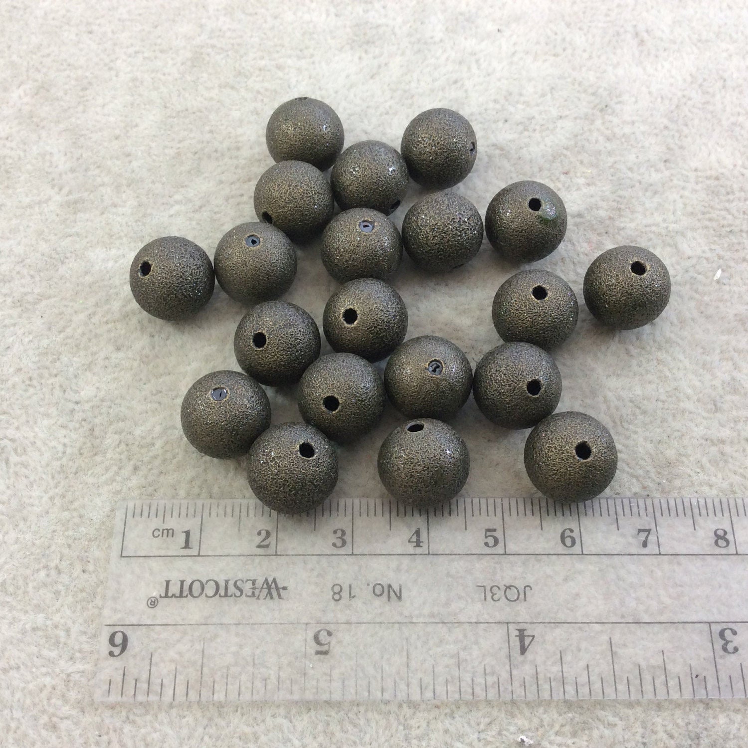 12mm Sandblasted Stardust Finish Antique Brass Base Metal Round/Ball Shape Beads with 2mm Holes - Loose, Sold in Pre-Packed Bags of 20 Beads