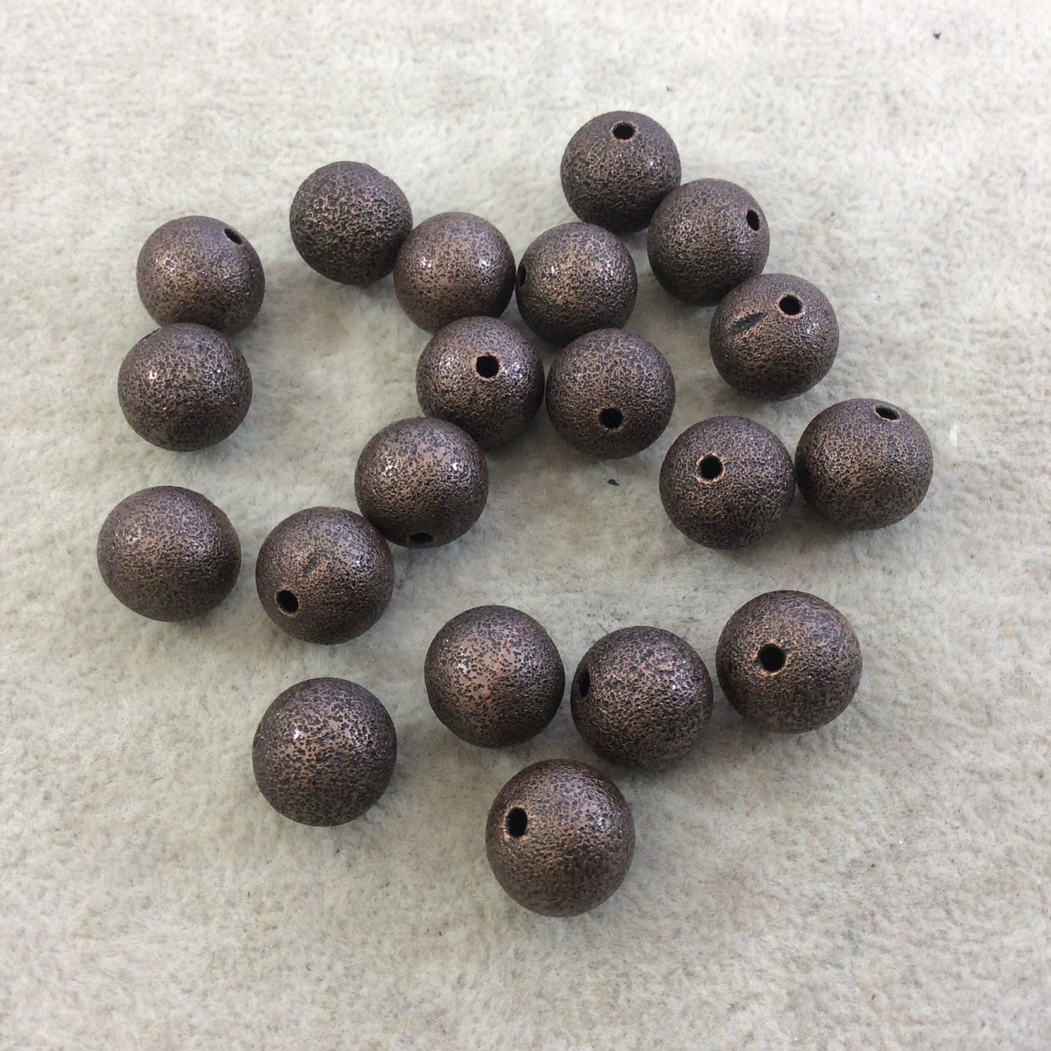 12mm Sandblasted Stardust Finish Antique Copper Base Metal Round Shaped Beads with 2mm Holes - Loose, Sold in Pre-Packed Bags of 20 Beads