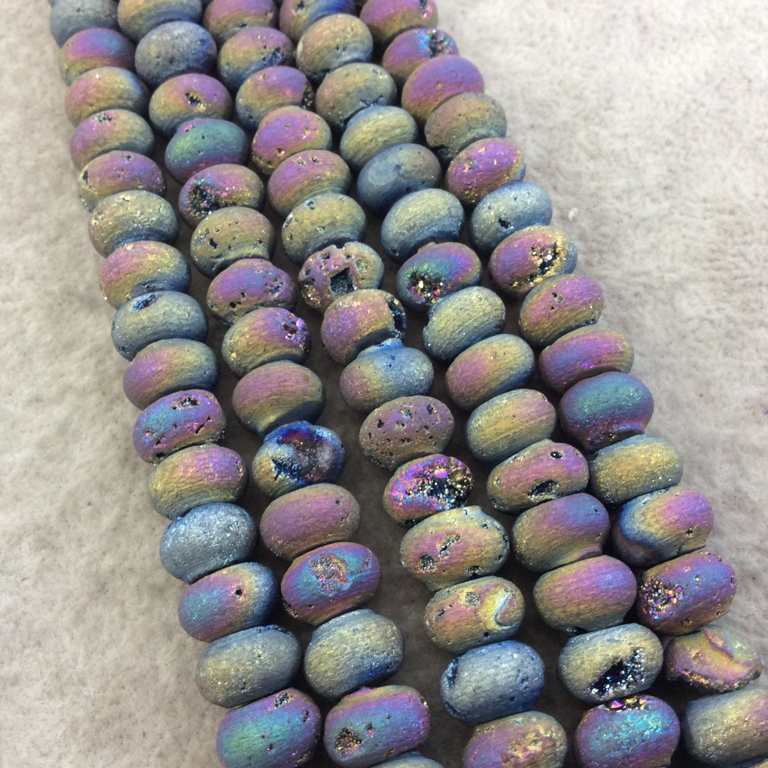 10mm Matte Finish Premium Rainbow Titanium Druzy Agate Rondelle Shaped Beads with 1mm Holes - Sold by 7.75&quot; Strands (Approx. 33 Beads)