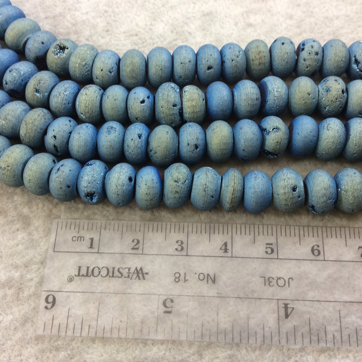 10mm Matte Finish Premium Blue/Gold Titanium Druzy Agate Rondelle Shaped Beads with 1mm Holes - Sold by 7.75" Strands (Approx. 33 Beads)