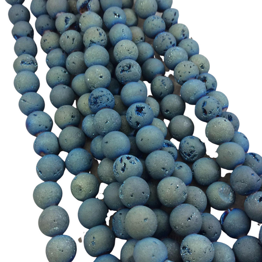 10mm Matte Finish Premium Pale Blue/Gold Druzy Agate Round/Ball Shaped Beads with 1mm Holes - Sold by 15.5" Strands (Approx. 40 Beads)