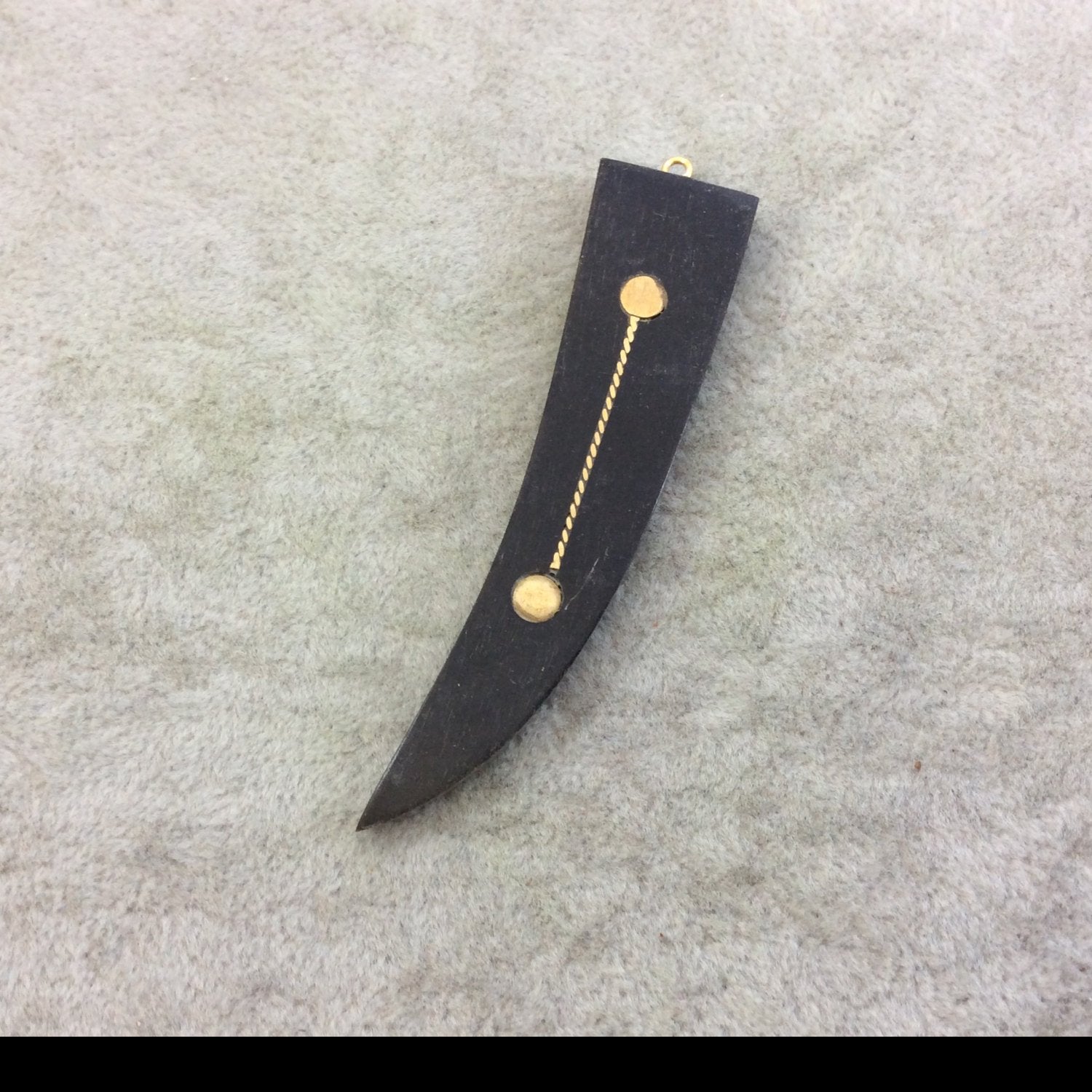 SALE 3" Black Skinny Flat Curved Tusk/Claw Shaped Natural Horn Pendant with Gold Line/Dot Inlay - Measuring 18mm x 75mm