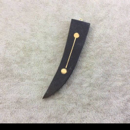 SALE 3" Black Skinny Flat Curved Tusk/Claw Shaped Natural Horn Pendant with Gold Line/Dot Inlay - Measuring 18mm x 75mm