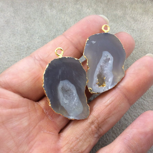 Pair of OOAK Gold Electroplated Natural Druzy Agate Geode Half Freeform Shaped Pendants - Measuring 23mm x 34mm - Unique, As Pictured