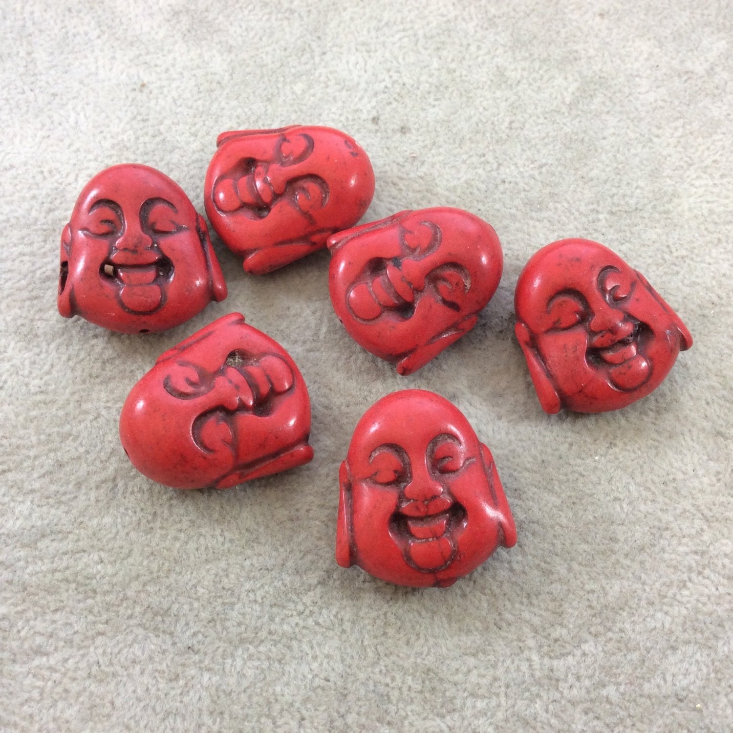 BULK PACK of 6 (Six) Bright Red Dyed Howlite Buddha Head/Face Shaped Beads with 1mm Holes - Measuring 28mm x 30mm, Approximatley