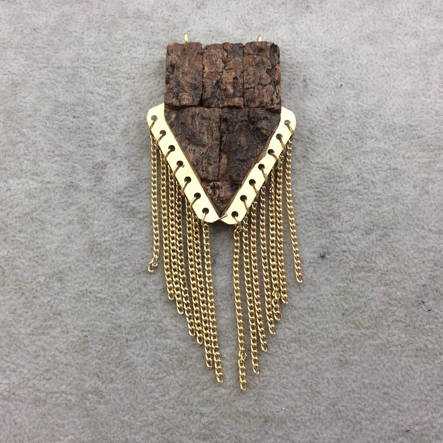 2.25" Flat Pointed Arrow Shaped Natural Brown Wood/Bark Pendant with Gold Plated Chains - Measuring 36mm x 57mm, Approx.