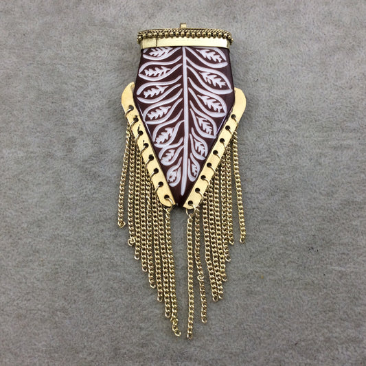 3" Carved Leaf Pattern Brown/White Flat Arrow Shaped Acrylic Pendant with Gold Cap/Chains - Measuring 45mm x 72mm, Approx.