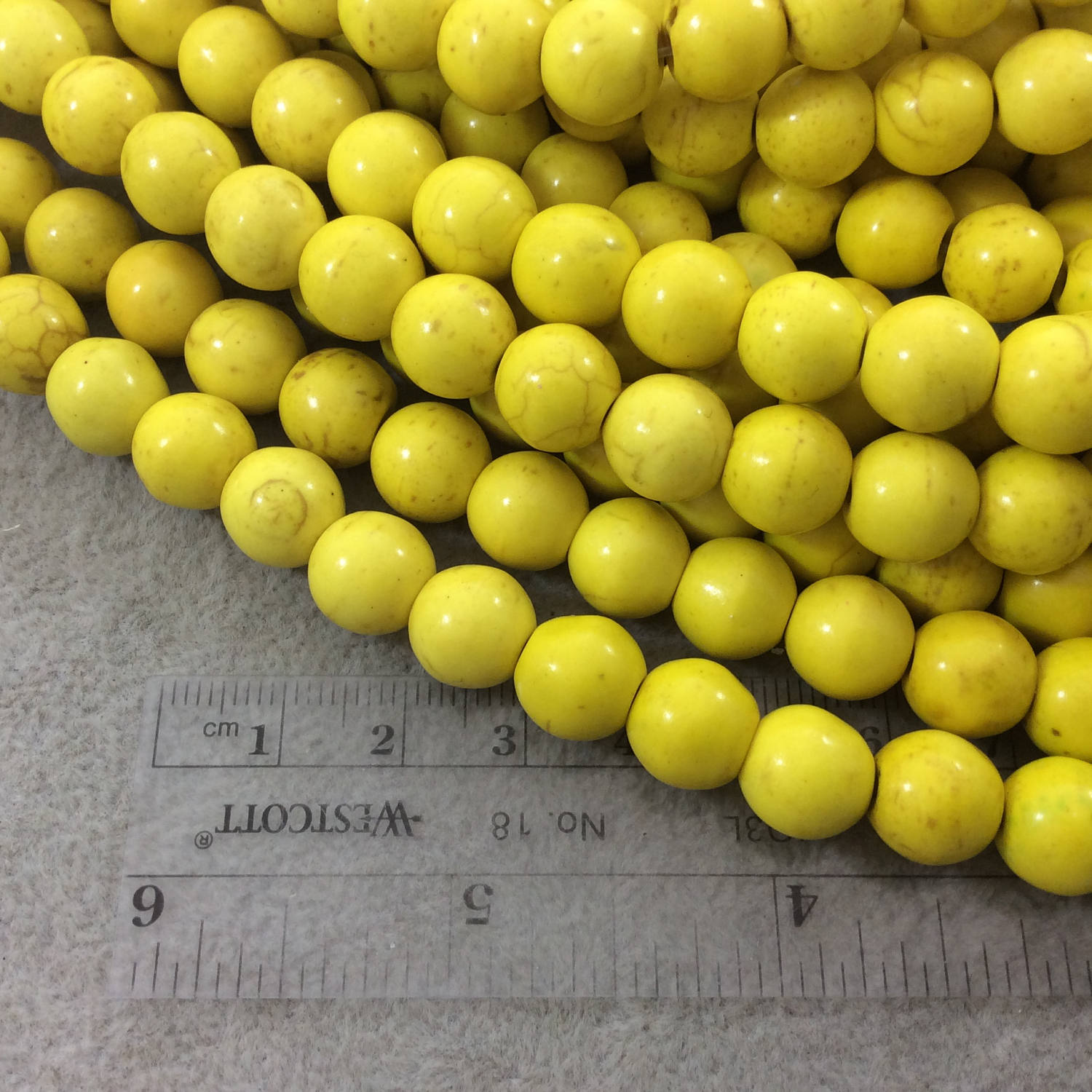 10mm Smooth Dyed Bright Yellow Howlite Round/Ball Shaped Beads with 1mm Holes - Sold by 15.75" Strands (Approx. 42 Beads) - Quality Gemstone