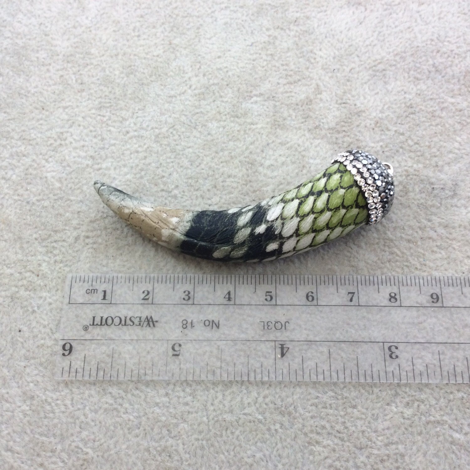 3" Pave Rhinestone Encrusted Sage Green Snakeskin Faux Leather Tusk/Claw Pendant with Silver Plated Bail - Measuring 20mm x 74mm, Approx.