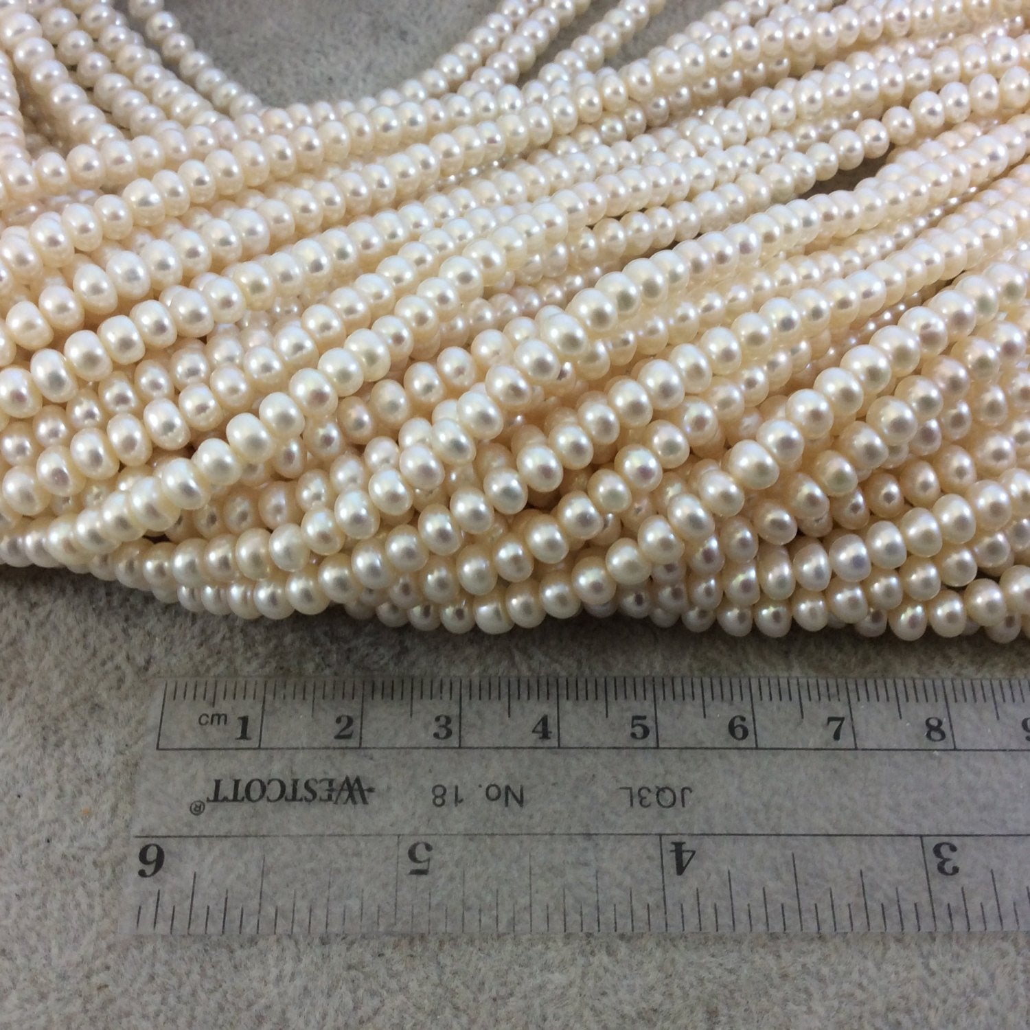 Smooth Natural White/Ivory Freshwater Pearl Rondelle Shaped Beads - Sold by 16" Strands (Approx. 111 Beads) - Measuring 3mm x 5mm. Approx.