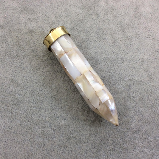 3" Iridescent White/Ivory Natural Abalone Shell Pointed Spike/Bullet Shaped Pendant with Gold Cap - Measuring 19mm x 76mm - (TR042-WA)