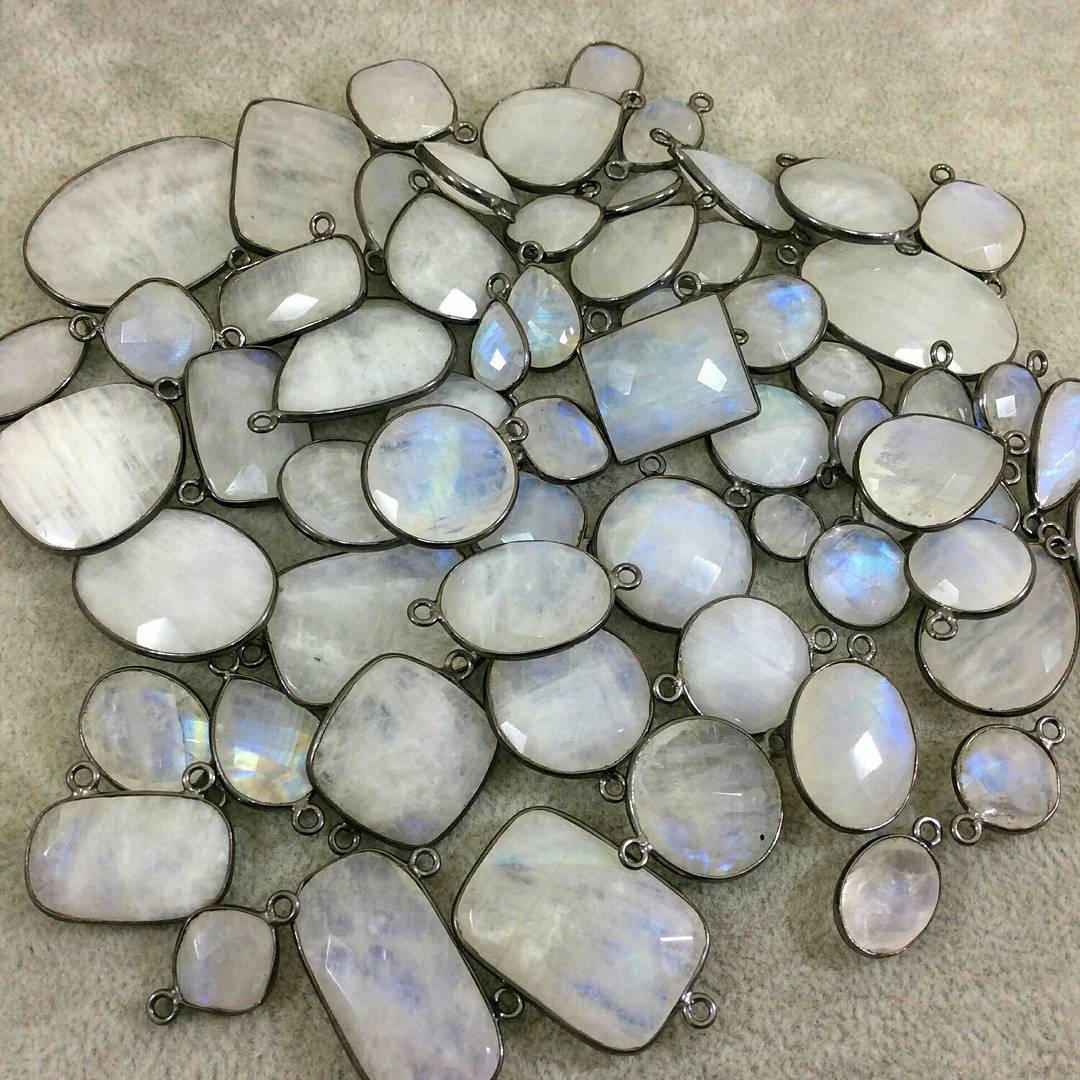 Gunmetal Faceted Moonstone Cushion Shaped Bezel Connector - 10mm x 10mm