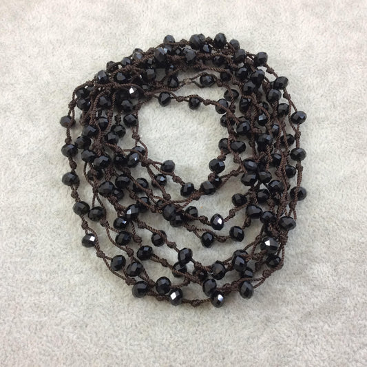 72" Woven Dark Brown Thread Necklace with 6mm Faceted Glossy Finish Rondelle Shaped Opaque Jet Black Chinese Crystal Beads - (DB72CC-02)