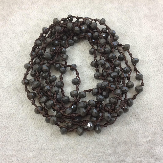 72" Woven Dark Brown Thread Necklace with 6mm Faceted Glossy Finish Rondelle Opaque Espresso Brown Chinese Crystal Beads - (DB72CC-065)