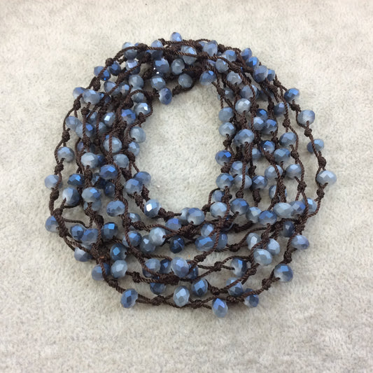 72" Woven Dark Brown Thread Necklace with 6mm Faceted AB Finish Rondelle Shaped Opaque Bicolor Gray/Blue Chinese Crystal Beads - (DB72CC-77)