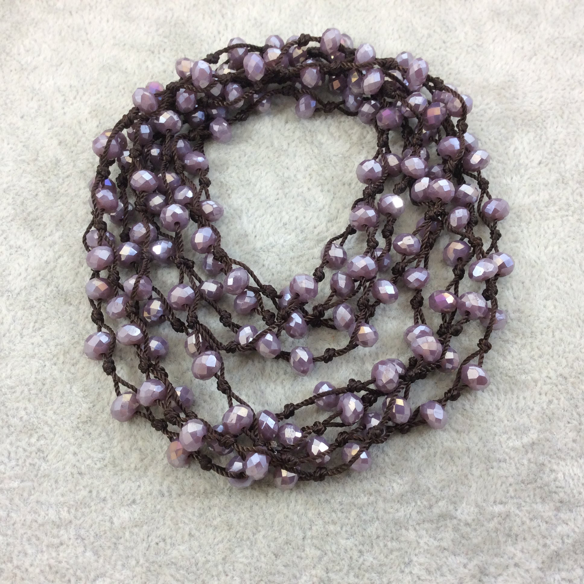 72" Woven Dark Brown Thread Necklace with 6mm Faceted AB Finish Rondelle Shaped Opaque Plum Purple Chinese Crystal Beads - (DB72CC-80)