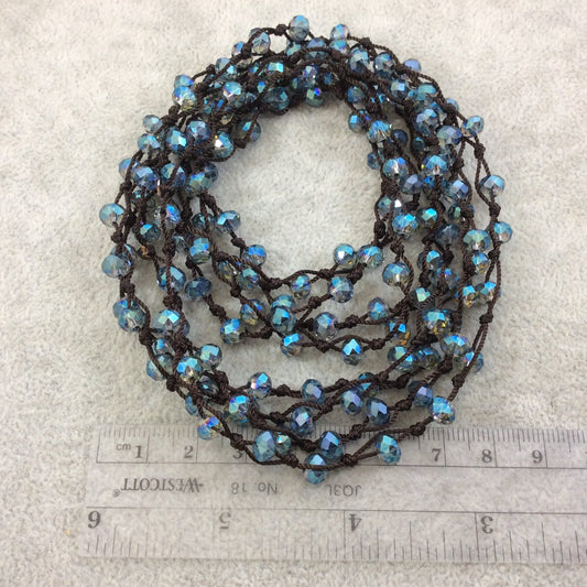 72" Woven Dark Brown Thread Necklace with 6mm Faceted AB Finish Rondelle Shaped Transparent Light Teal Chinese Crystal Beads - (DB72CC-88)