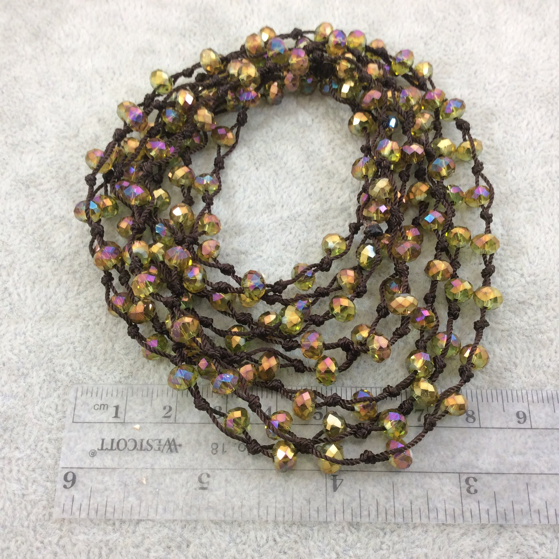 72" Woven Dark Brown Thread Necklace with 6mm Faceted AB Finish Rondelle Shaped Trans. Bicolor Yellow Chinese Crystal Beads - (DB72CC-91)