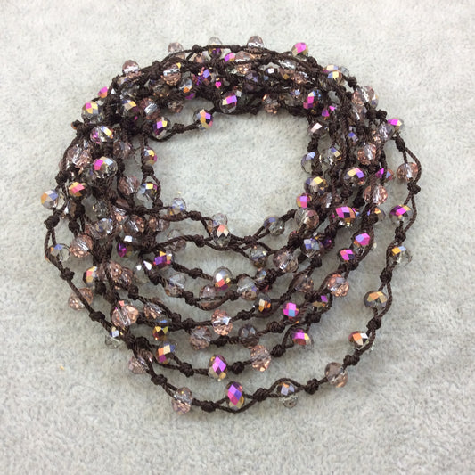 72" Woven Dark Brown Thread Necklace with 6mm Faceted AB Finish Rondelle Shaped Trans. Bicolor Gray/Blue Chinese Crystal Beads - (DB72CC-97)