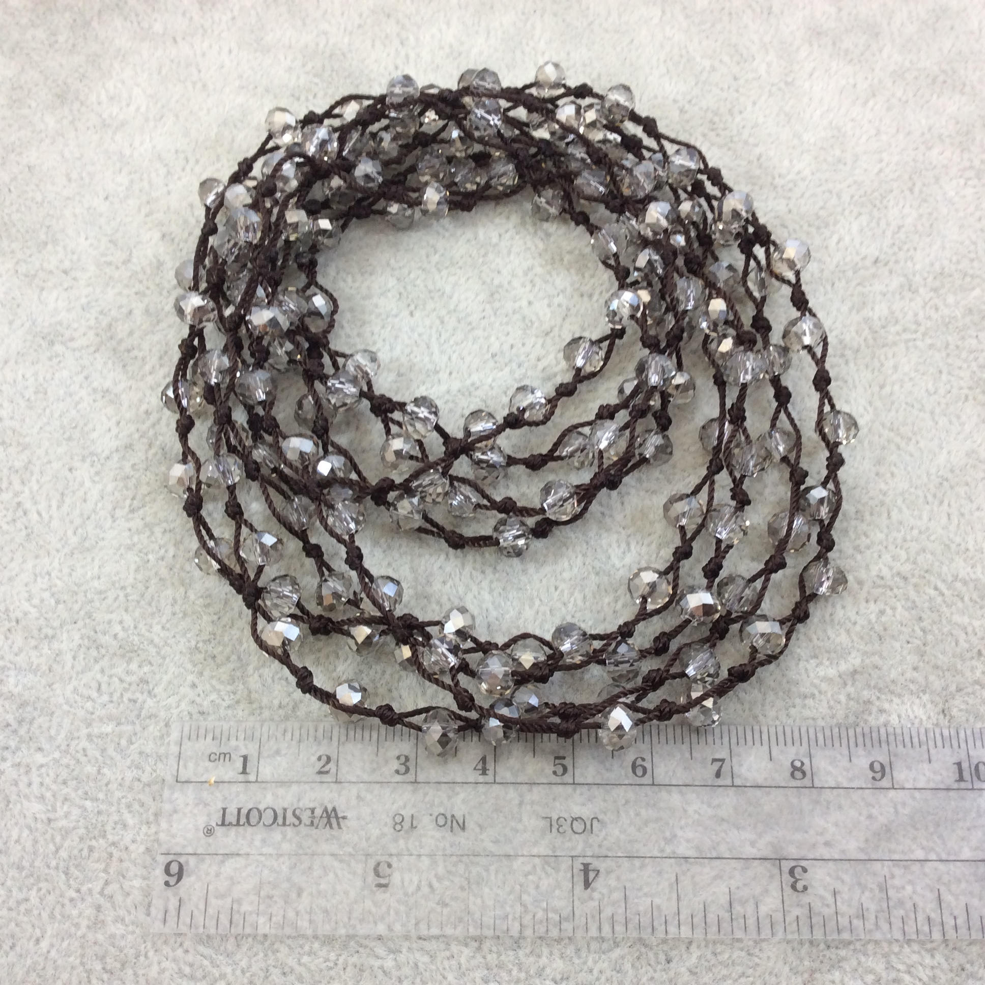 72" Woven Dark Brown Thread Necklace with 6mm Faceted AB Finish Rondelle Shaped Trans. Bicolor Silver Chinese Crystal Beads - (DB72CC-101)