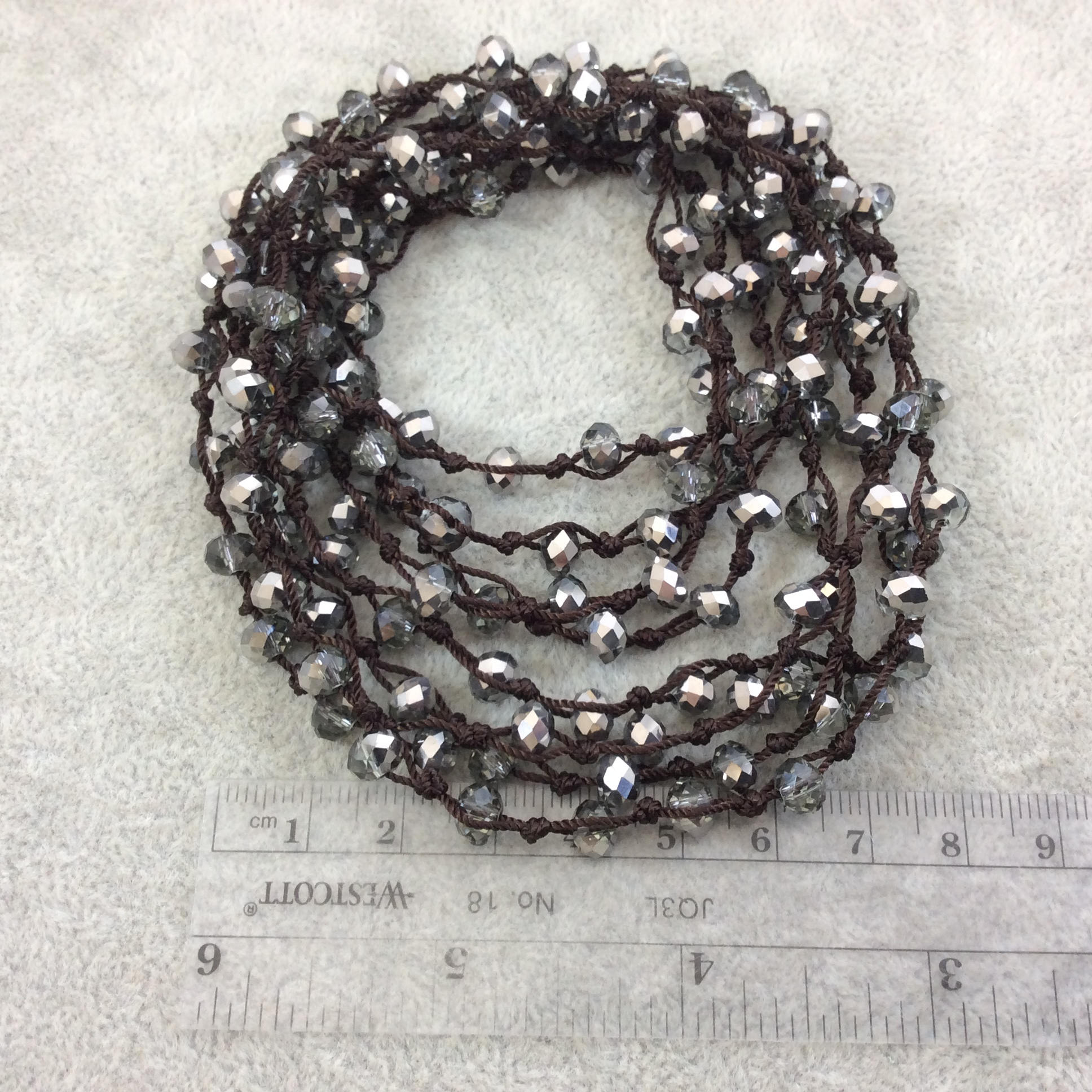 72" Woven Dark Brown Thread Necklace with 6mm Faceted AB Finish Rondelle Shaped Semi-Trans. Gray/Silver Chinese Crystal Beads - (DB72CC-102)